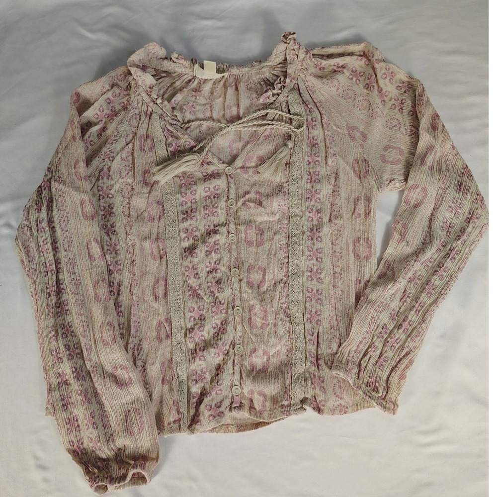 Tamara H. Boho Peasant Blouse Pink Paisley Floral Lace Trim‎ Tassel Top Small